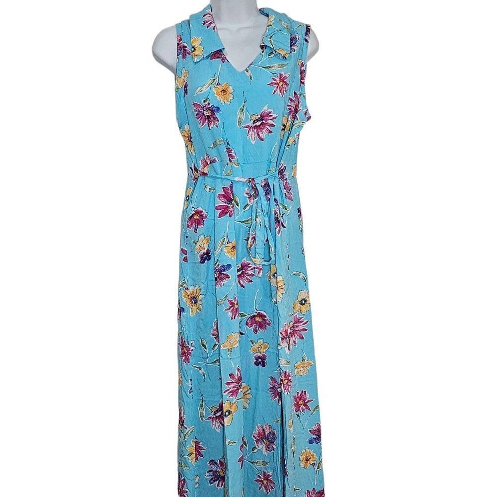 Vintage 90s Sleeveless Shirt Dress Womens M Blue Floral Rayon Tie Waist Summer